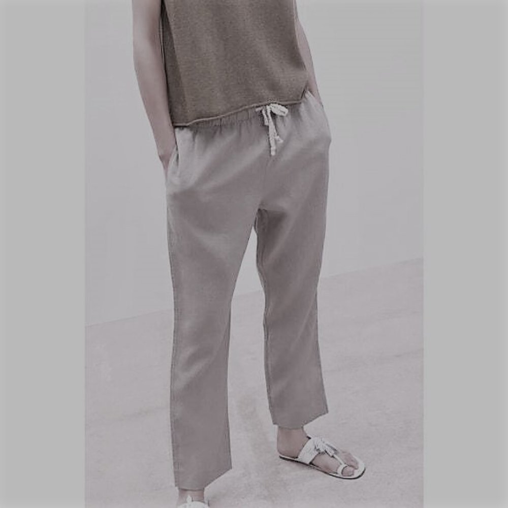 ZARA Women's Size XS Beige Drawstring Elastic Waist Straight Leg Linen Pants